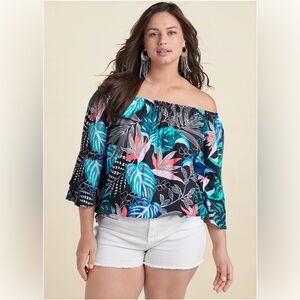 Venus- Women’s Off-Shoulder Printed Top Blue Multi Plus Size 3X Tropical vibe